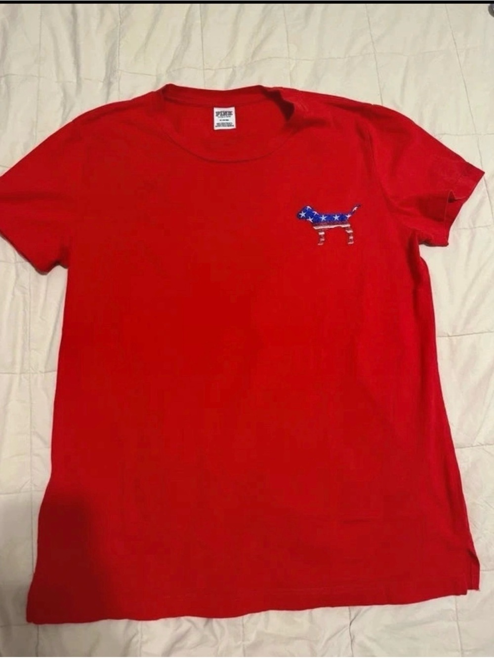 PINK Victoria's Secret Red Short Sleeve Tee with Flag Dog Graphic